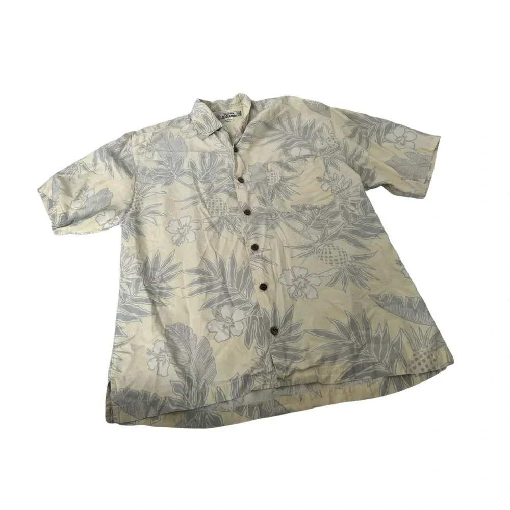 Tommy Bahama Mens 100% Silk Pineapple Floral Camp Shirt Cream Grey Medium